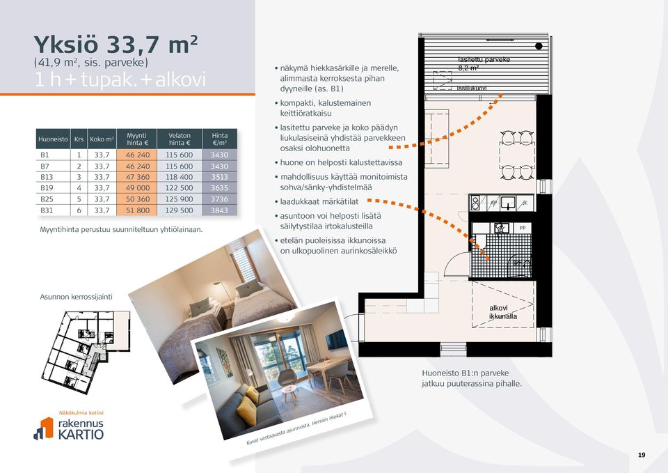 3635 B25 5 33,7 50 360 125 900 3736 B31 6 33,7 51 800 129 500 3843 Myyntihinta perustuu suunniteltuun yhtiölainaan. dyyneille (as.