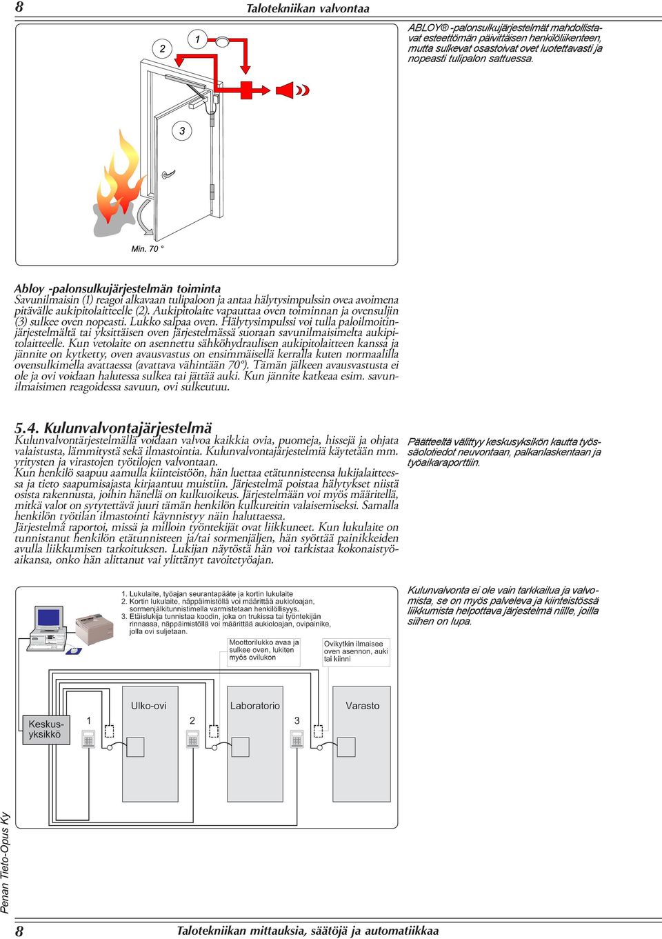 Aukipitolaite vapauttaa oven toiminnan ja ovensuljin (3) sulkee oven nopeasti. Lukko salpaa oven.