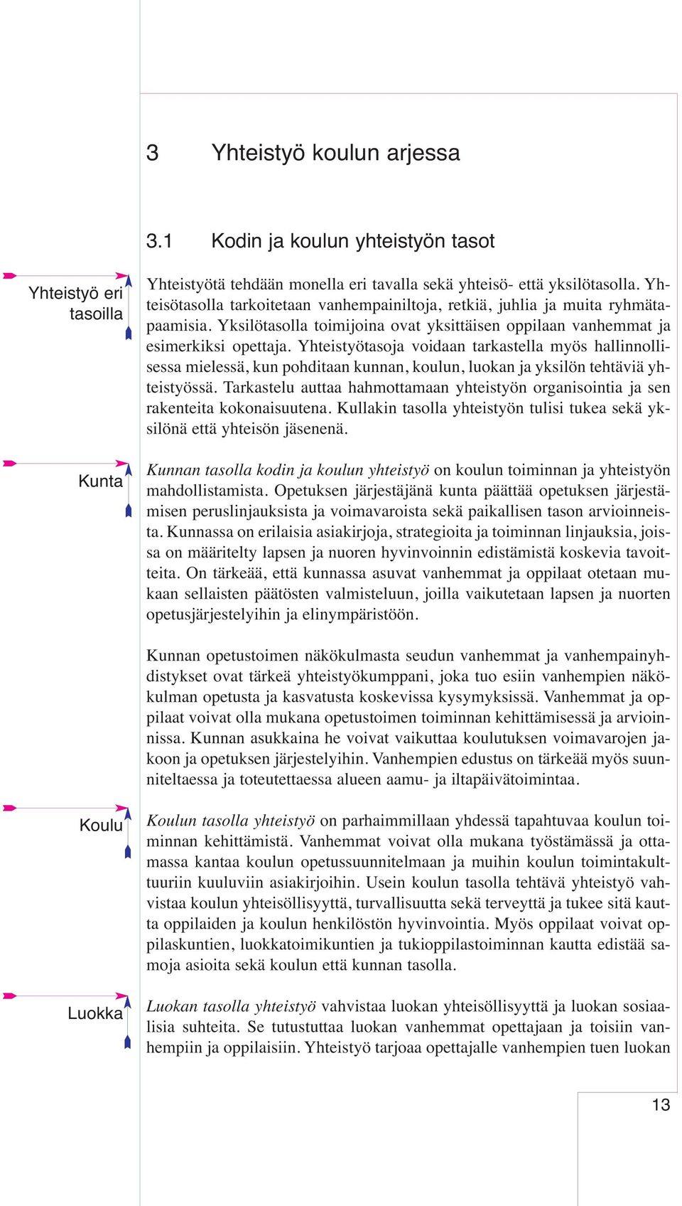 Yhteistyötasoja voidaan tarkastella myös hallinnollisessa mielessä, kun pohditaan kunnan, koulun, luokan ja yksilön tehtäviä yhteistyössä.