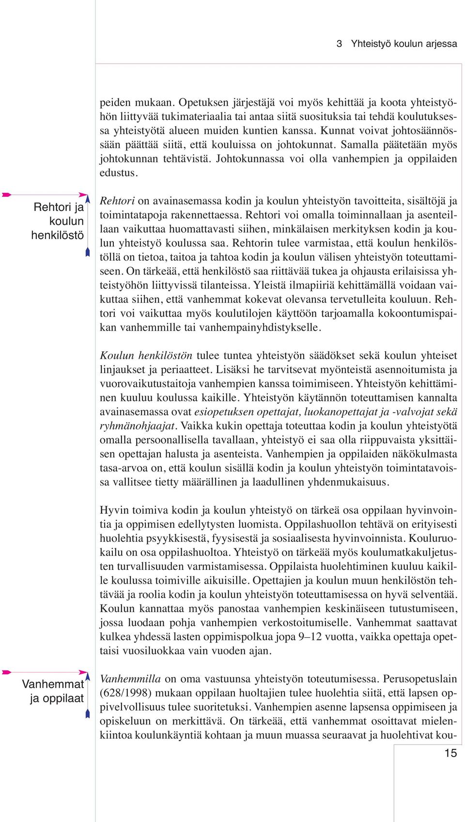 Kunnat voivat johtosäännössään päättää siitä, että kouluissa on johtokunnat. Samalla päätetään myös johtokunnan tehtävistä. Johtokunnassa voi olla vanhempien ja oppilaiden edustus.