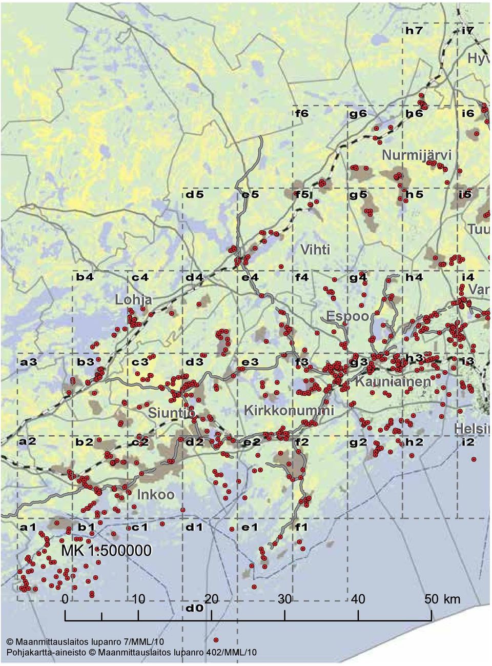 Kirkkonummi Helsink e2h2 f2 i2 g Inkoo Inkoo a1 b1 c1 a1d1 b1e1 c1f1 d1 e1 f1 d0 d0 Maanmittauslaitos lupanro 7/MML/10