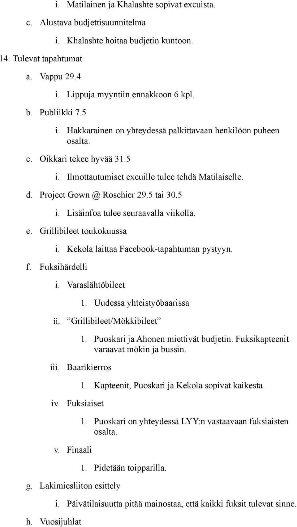 e. Grillibileet toukokuussa i. Kekola laittaa Facebook-tapahtuman pystyyn. f. Fuksihärdelli i. Varaslähtöbileet 1. Uudessa yhteistyöbaarissa ii. Grillibileet/Mökkibileet 1.