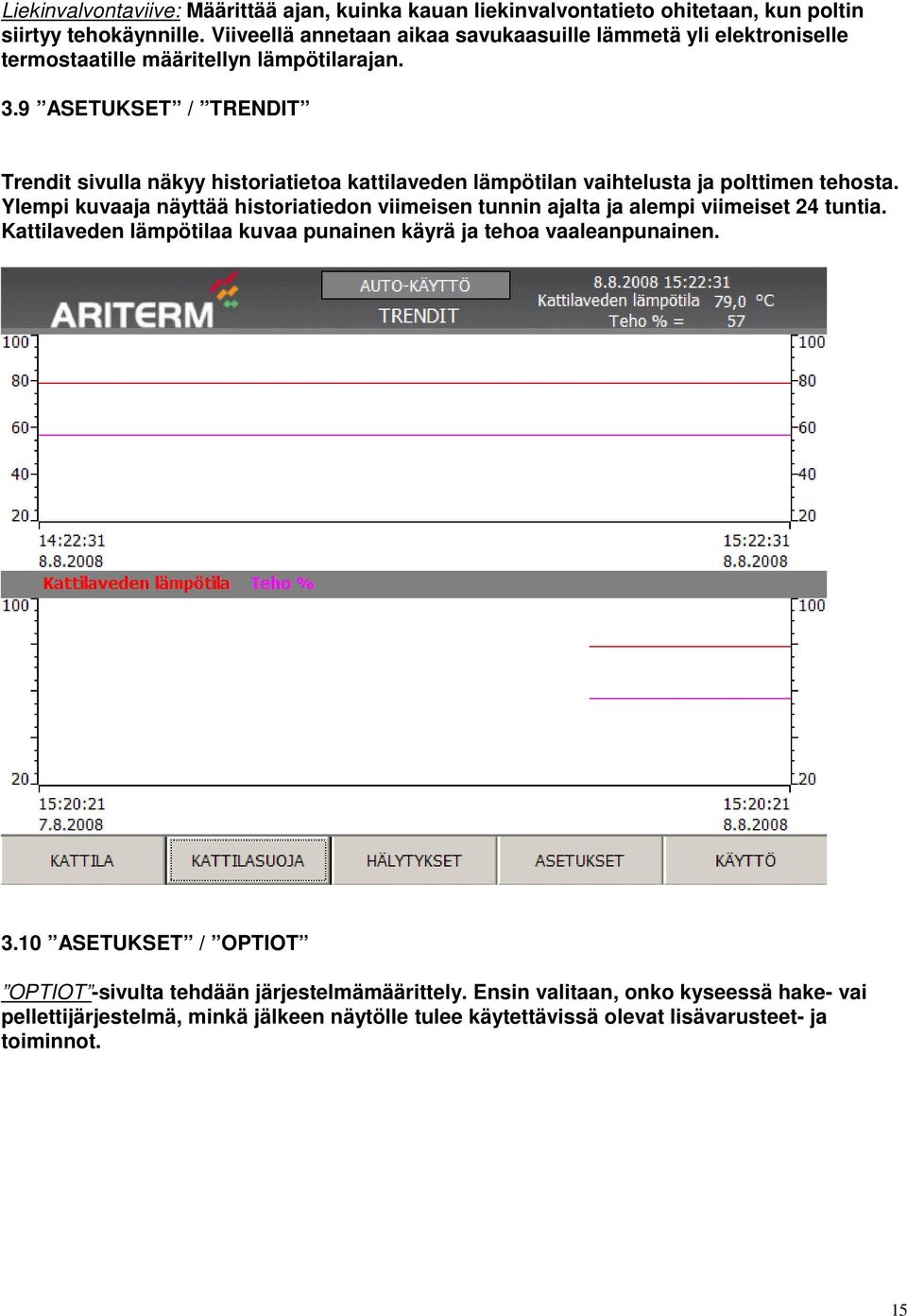 9 ASETUKSET / TRENDIT Trendit sivulla näkyy historiatietoa kattilaveden lämpötilan vaihtelusta ja polttimen tehosta.