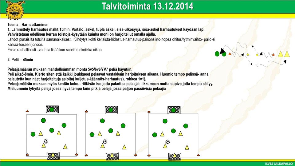 Kiihdytys kohti keltaista-hidastus-harhautus-painonsiirto-nopea ohitus/rytminvaihto- pallo ei karkaa-toiseen jonoon. Ensin rauhallisesti vauhtia lisää kun suoritustekniikka oikea. 2.