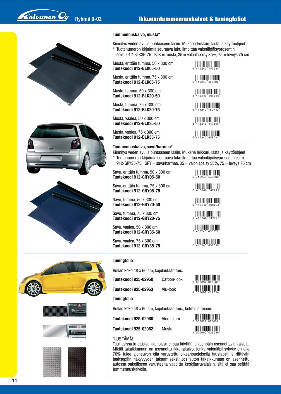 912-BLK35-75 BLK = musta, 35 = valonläpäisy 35%, 75 = leveys 75 cm, erittäin tumma, 50 x 300 cm Tuotekoodi 912-BLK05-50, erittäin tumma, 75 x 300 cm Tuotekoodi 912-BLK05-75, tumma, 50 x 300 cm