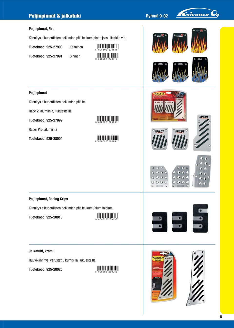 Race 2, alumiinia, liukuesteillä Tuotekoodi 925-27999 Racer Pro, alumiinia Tuotekoodi 925-28004 Poljinpinnat, Racing Grips Kiinnitys