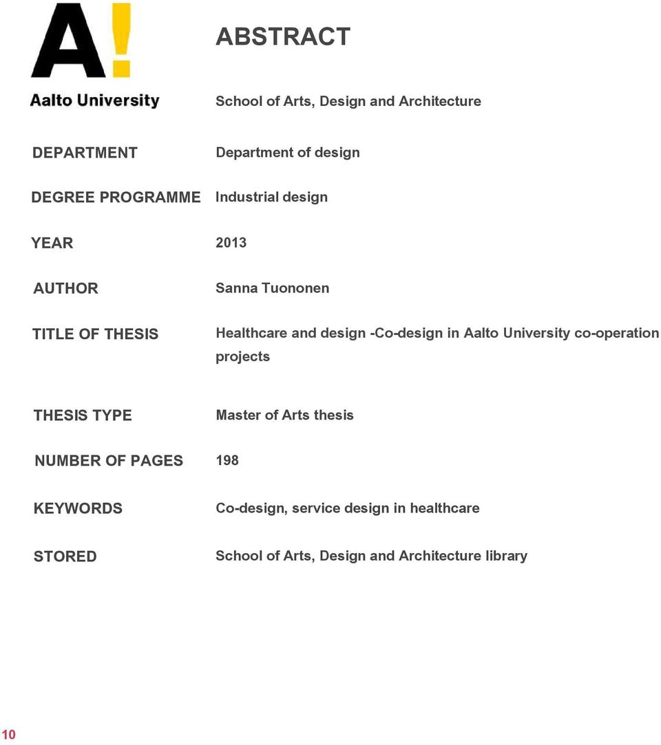 in Aalto University co-operation projects THESIS TYPE NUMBER OF PAGES KEYWORDS STORED Master of