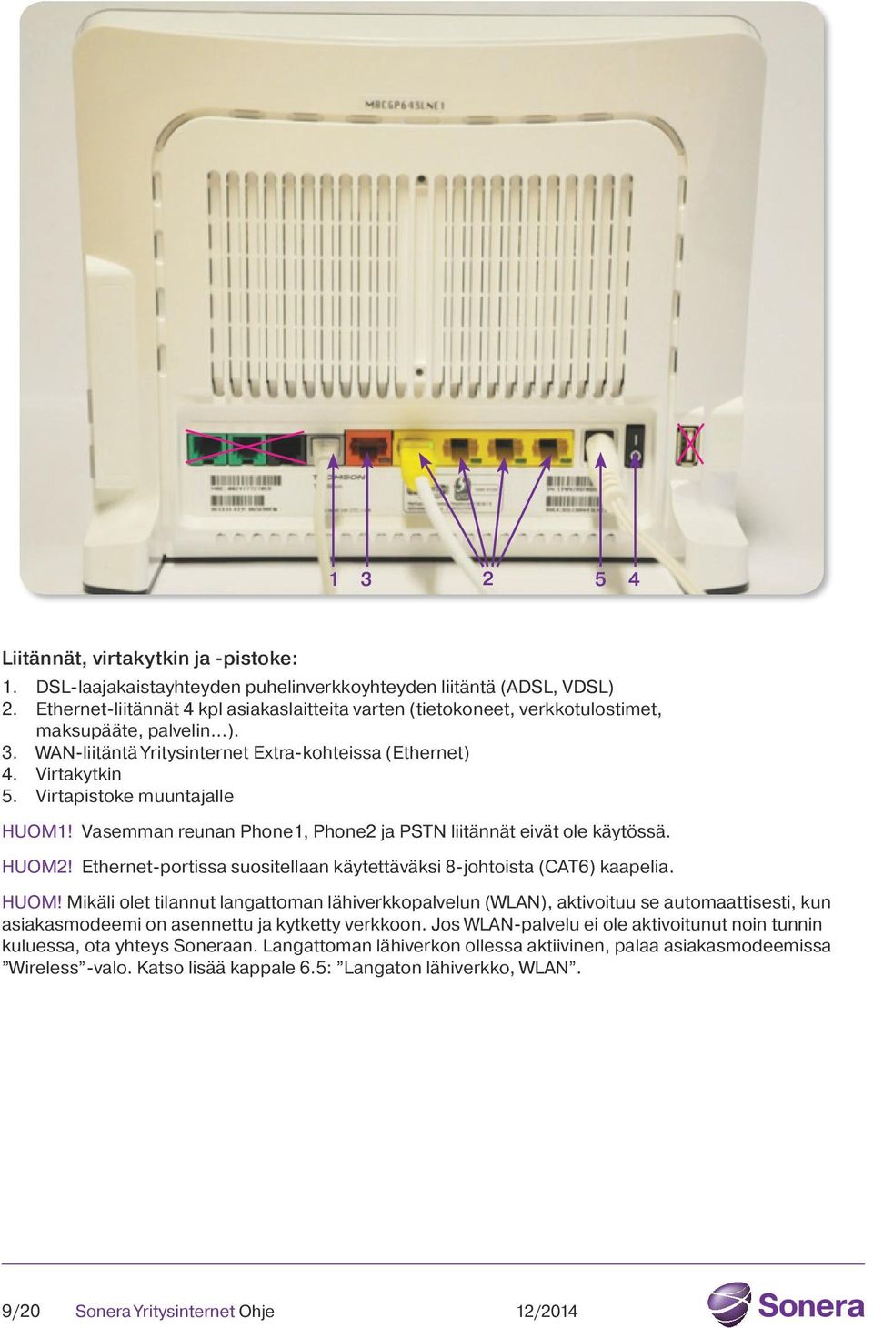 Virtapistoke muuntajalle HUOM1! Vasemman reunan Phone1, Phone2 ja PSTN liitännät eivät ole käytössä. HUOM2! Ethernet-portissa suositellaan käytettäväksi 8-johtoista (CAT6) kaapelia. HUOM! Mikäli olet tilannut langattoman lähiverkkopalvelun (WLAN), aktivoituu se automaattisesti, kun asiakasmodeemi on asennettu ja kytketty verkkoon.