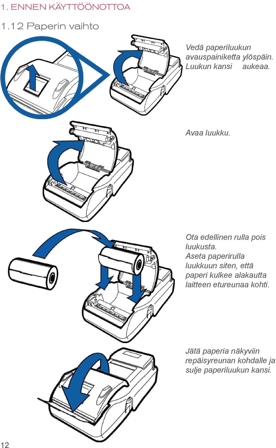 Luukun kansi aukeaa. Avaa luukku. Ota edellinen rulla pois luukusta.