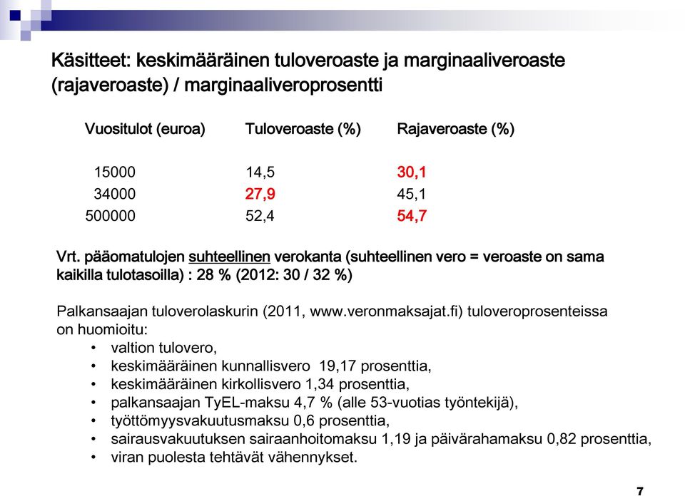 pääomatulojen suhteellinen verokanta (suhteellinen vero = veroaste on sama kaikilla tulotasoilla) : 28 % (2012: 30 / 32 %) Palkansaajan tuloverolaskurin (2011, www.veronmaksajat.