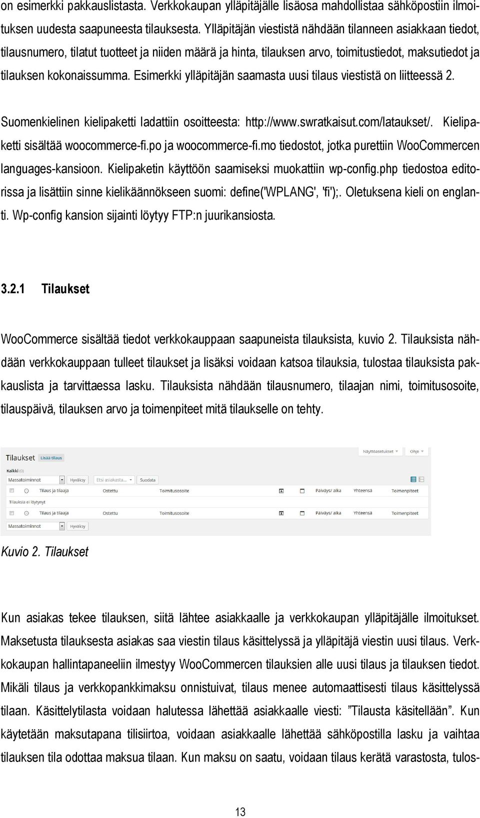 Esimerkki ylläpitäjän saamasta uusi tilaus viestistä on liitteessä 2. Suomenkielinen kielipaketti ladattiin osoitteesta: http://www.swratkaisut.com/lataukset/. Kielipaketti sisältää woocommerce-fi.