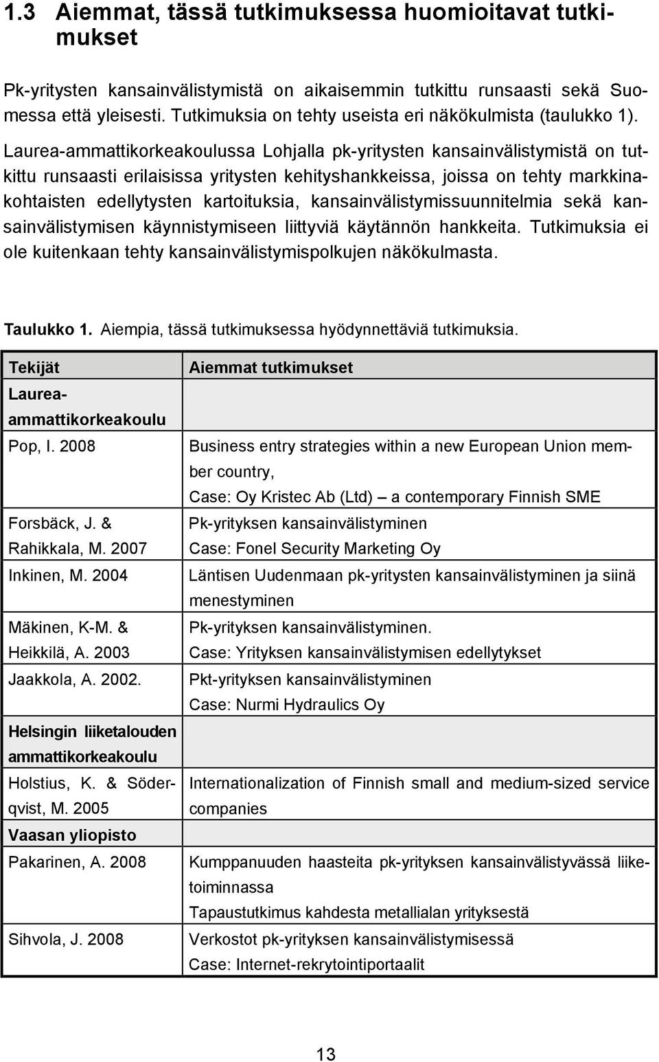 Laurea-ammattikorkeakoulussa Lohjalla pk-yritysten kansainvälistymistä on tutkittu runsaasti erilaisissa yritysten kehityshankkeissa, joissa on tehty markkinakohtaisten edellytysten kartoituksia,