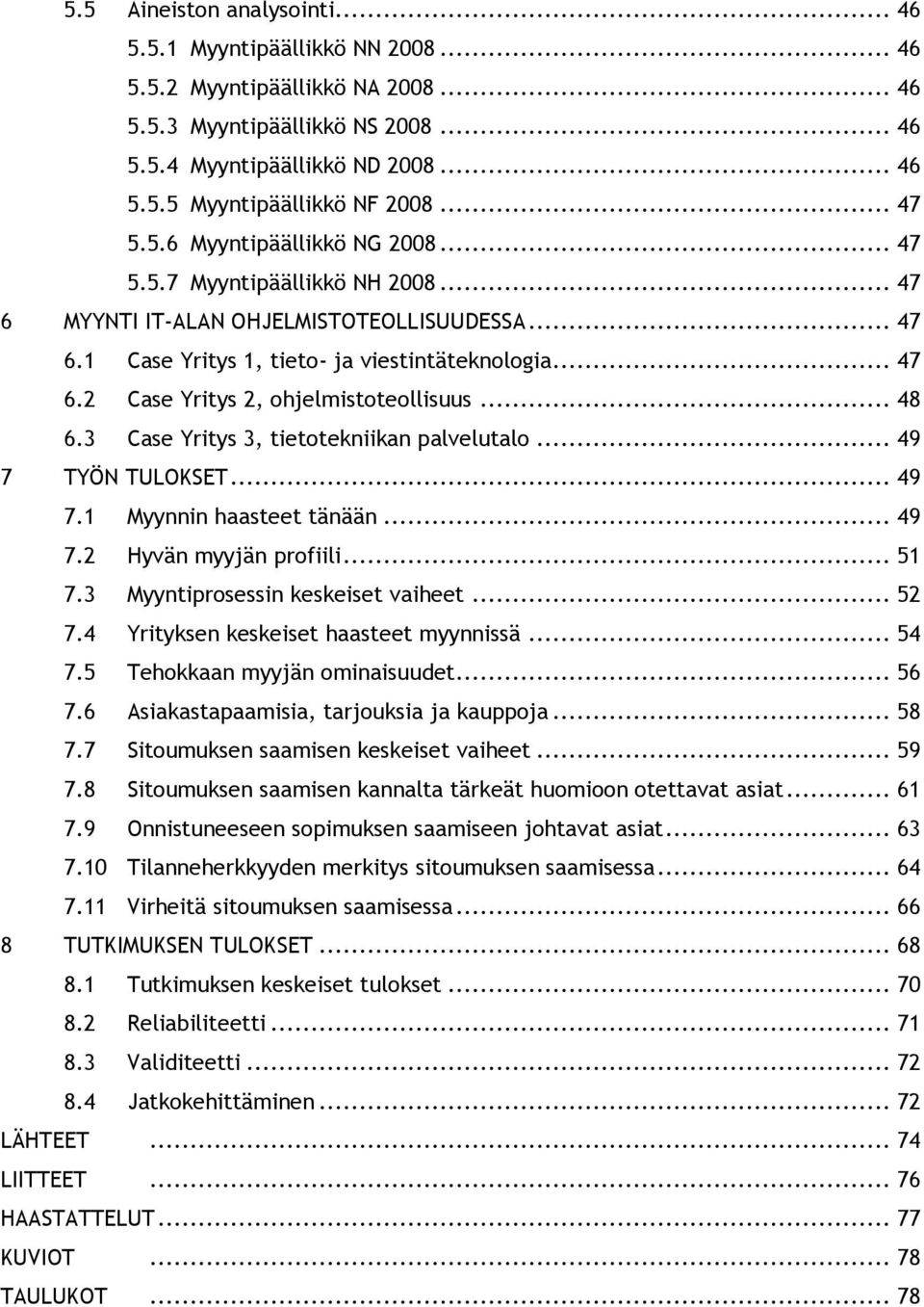 .. 48 6.3 Case Yritys 3, tietotekniikan palvelutalo... 49 7 TYÖN TULOKSET... 49 7.1 Myynnin haasteet tänään... 49 7.2 Hyvän myyjän profiili... 51 7.3 Myyntiprosessin keskeiset vaiheet... 52 7.