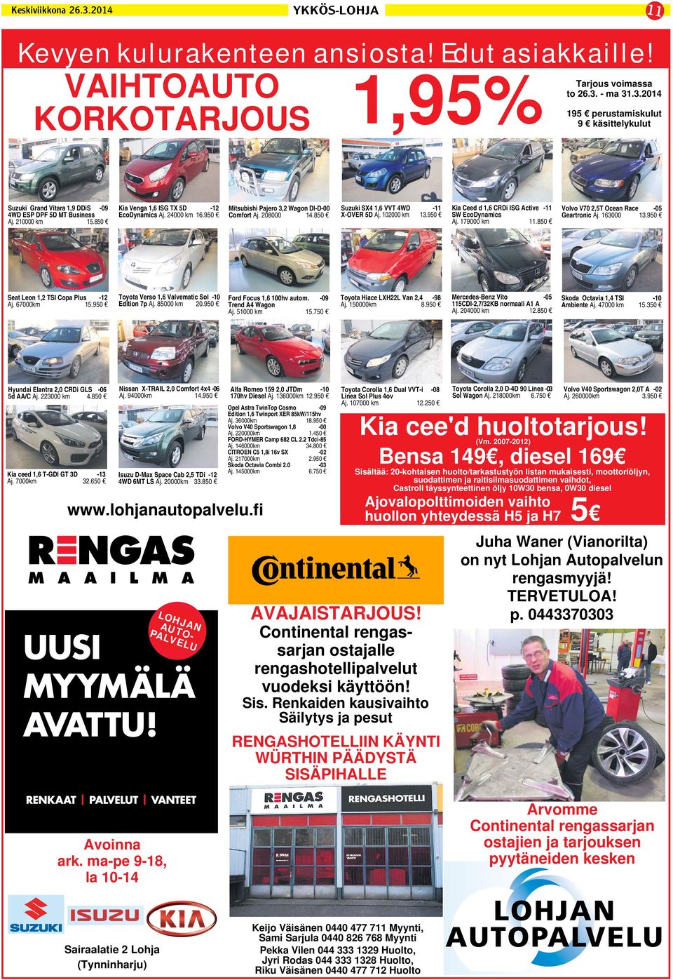 950 Kia Ceed d 1,6 CRDi ISG Active -11 SW EcoDynamics Aj. 179000 km 11.850 Volvo V70 2,5T Ocean Race -05 Geartronic Aj. 163000 13.950 Seat Leon 1,2 TSI Copa Plus -12 Aj. 67000km 15.