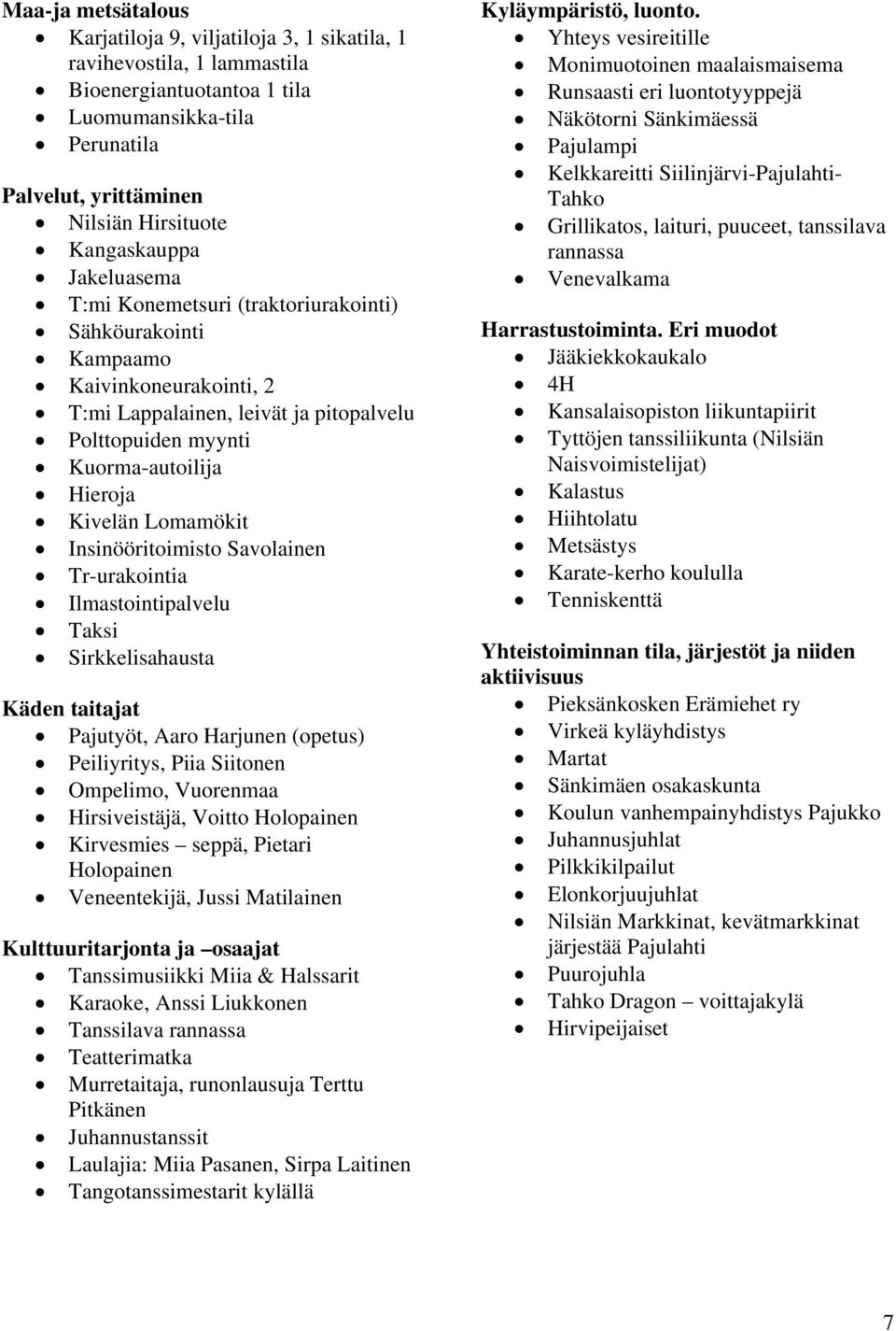 Kivelän Lomamökit Insinööritoimisto Savolainen Tr-urakointia Ilmastointipalvelu Taksi Sirkkelisahausta Käden taitajat Pajutyöt, Aaro Harjunen (opetus) Peiliyritys, Piia Siitonen Ompelimo, Vuorenmaa