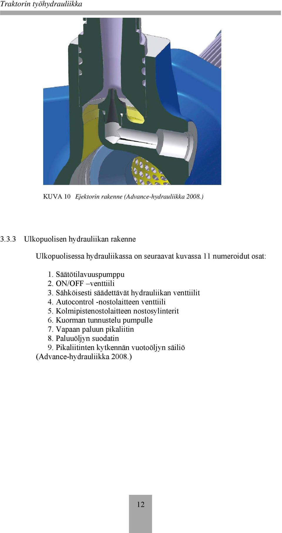 Säätötilavuuspumppu 2. ON/OFF venttiili 3. Sähköisesti säädettävät hydrauliikan venttiilit 4.