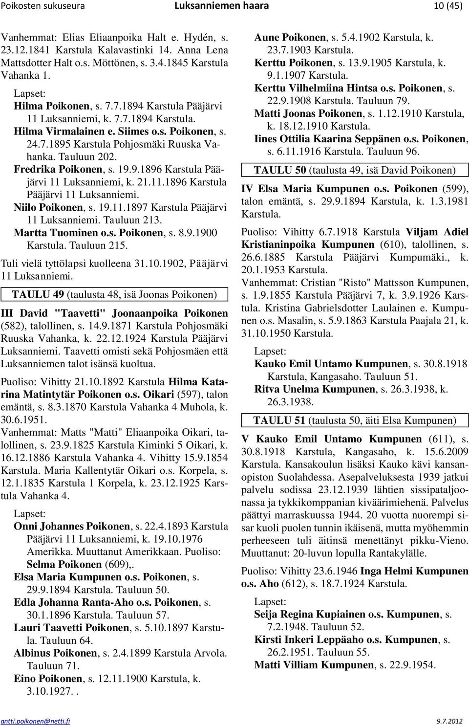 19.9.1896 Karstula Pääjärvi 11 Luksanniemi, k. 21.11.1896 Karstula Pääjärvi 11 Luksanniemi. Niilo Poikonen, s. 19.11.1897 Karstula Pääjärvi 11 Luksanniemi. Tauluun 213. Martta Tuominen o.s. Poikonen, s. 8.