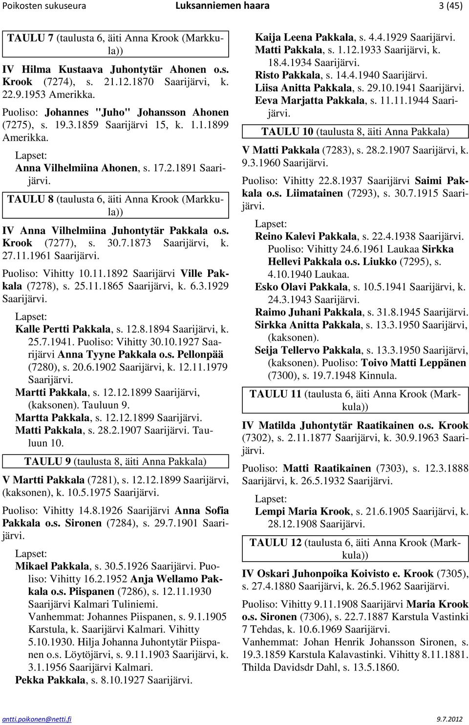 TAULU 8 (taulusta 6, äiti Anna Krook (Markkula)) IV Anna Vilhelmiina Juhontytär Pakkala o.s. Krook (7277), s. 30.7.1873 Saarijärvi, k. 27.11.1961 Saarijärvi. Puoliso: Vihitty 10.11.1892 Saarijärvi Ville Pakkala (7278), s.