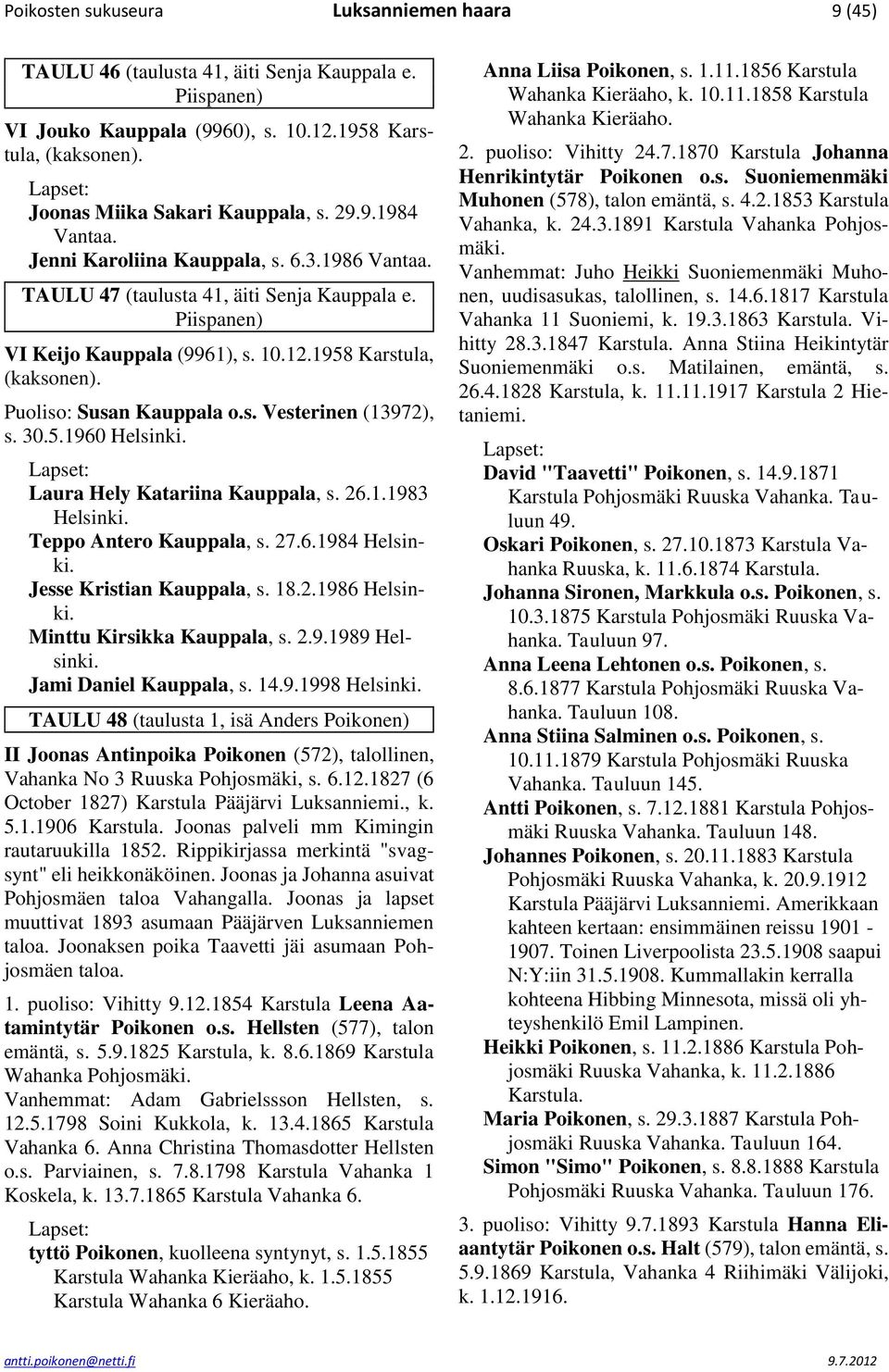 Puoliso: Susan Kauppala o.s. Vesterinen (13972), s. 30.5.1960 Helsinki. Laura Hely Katariina Kauppala, s. 26.1.1983 Helsinki. Teppo Antero Kauppala, s. 27.6.1984 Helsinki. Jesse Kristian Kauppala, s.