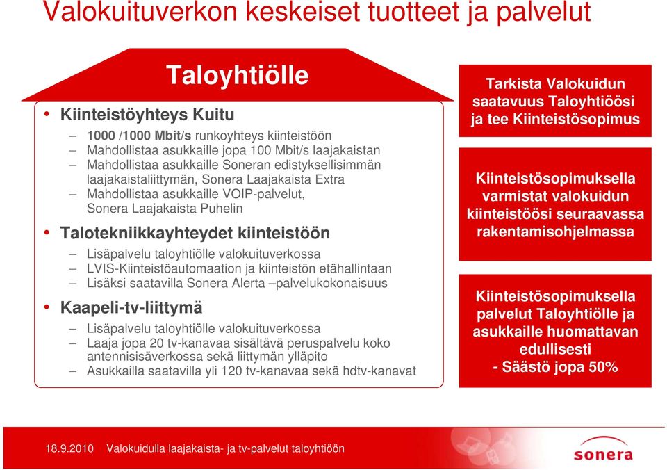 valokuituverkossa LVIS-Kiinteistöautomaation ja kiinteistön etähallintaan Lisäksi saatavilla Sonera Alerta palvelukokonaisuus Kaapeli-tv-liittymä Taloyhtiölle Lisäpalvelu taloyhtiölle