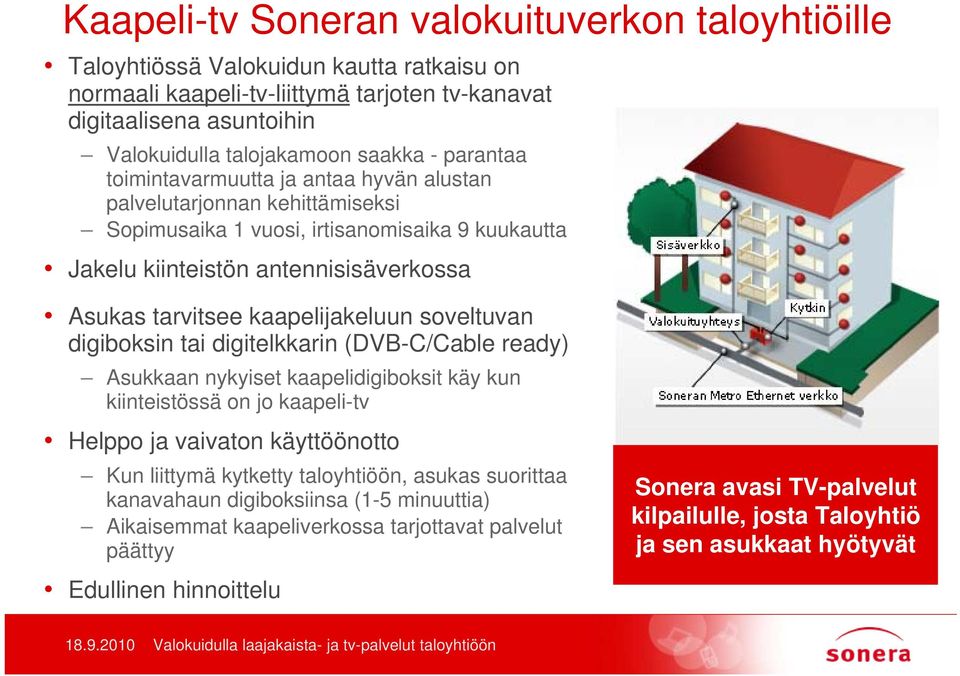 kaapelijakeluun soveltuvan digiboksin tai digitelkkarin (DVB-C/Cable ready) Asukkaan nykyiset kaapelidigiboksit käy kun kiinteistössä on jo kaapeli-tv Helppo ja vaivaton käyttöönotto Kun liittymä