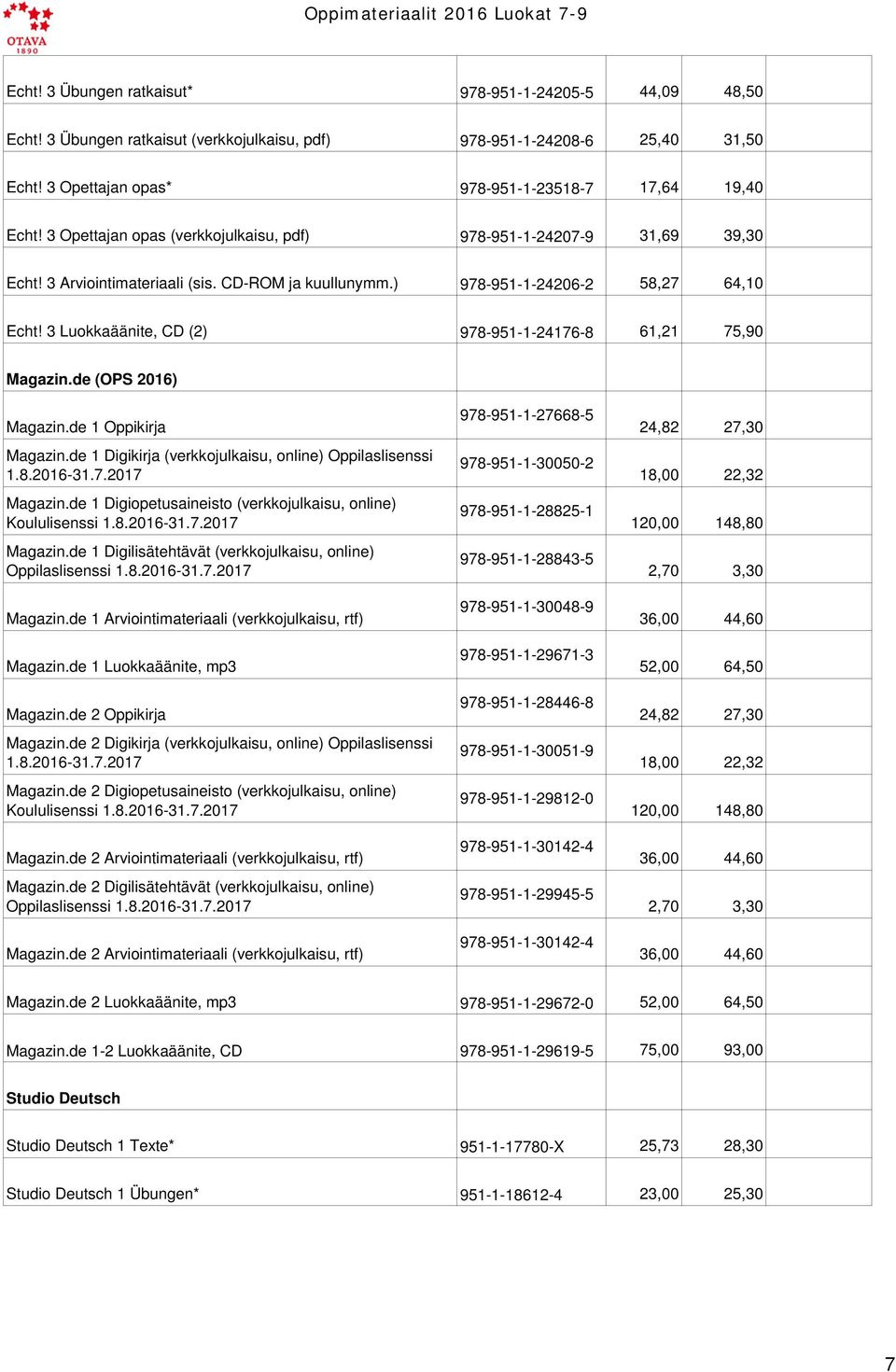 3 Luokkaäänite, CD (2) 978-951-1-24176-8 61,21 75,90 Magazin.de (OPS 2016) Magazin.de 1 Oppikirja Magazin.de 1 Digikirja (verkkojulkaisu, online) Oppilaslisenssi 1.8.2016-31.7.2017 Magazin.