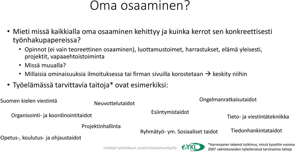 Millaisia ominaisuuksia ilmoituksessa tai firman sivuilla korostetaan keskity niihin Työelämässä tarvittavia taitoja* ovat esimerkiksi: Suomen kielen viestintä Organisointi- ja