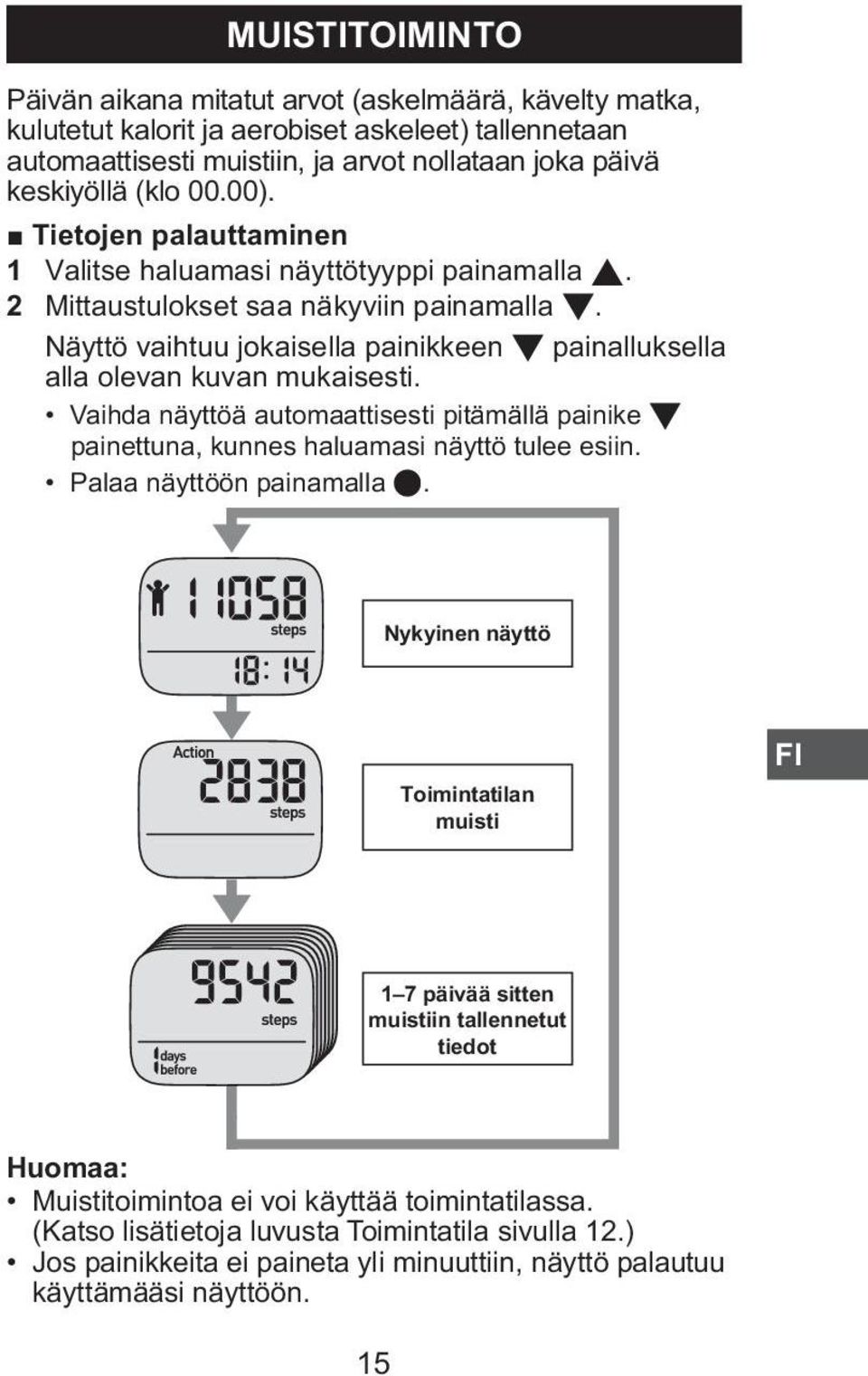 Vaihda näyttöä automaattisesti pitämällä painike painettuna, kunnes haluamasi näyttö tulee esiin. Palaa näyttöön painamalla.