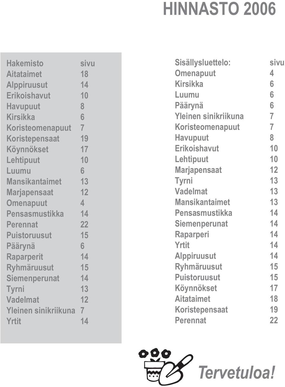 Sisällysluettelo: sivu Omenapuut 4 Kirsikka 6 Luumu 6 Päärynä 6 Yleinen sinikriikuna 7 Koristeomenapuut 7 Havupuut 8 Erikoishavut 10 Lehtipuut 10 Marjapensaat 12 Tyrni 13 Vadelmat 13