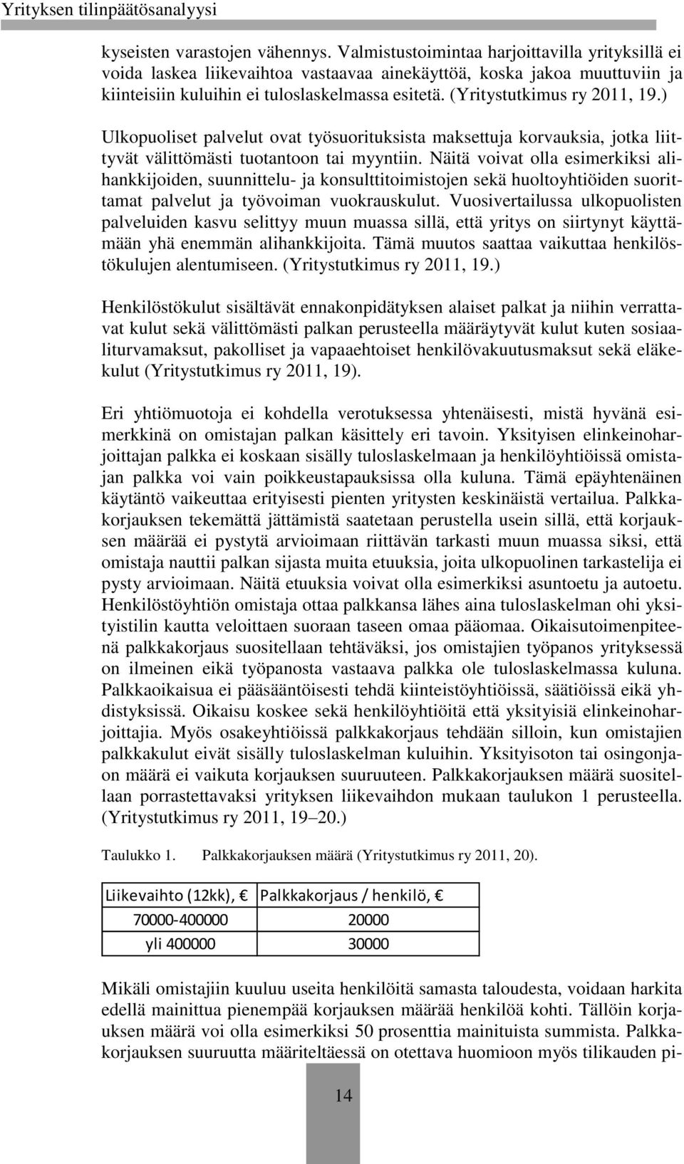 (Yritystutkimus ry 2011, 19.) Ulkopuoliset palvelut ovat työsuorituksista maksettuja korvauksia, jotka liittyvät välittömästi tuotantoon tai myyntiin.