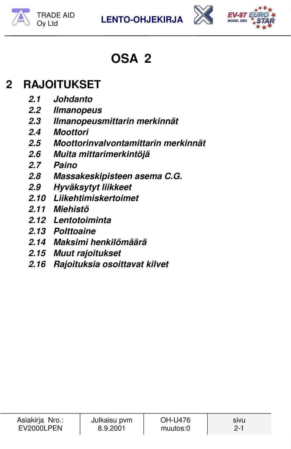 8 Massakeskipisteen asema C.G. 2.9 Hyväksytyt liikkeet 2.10 Liikehtimiskertoimet 2.11 Miehistö 2.