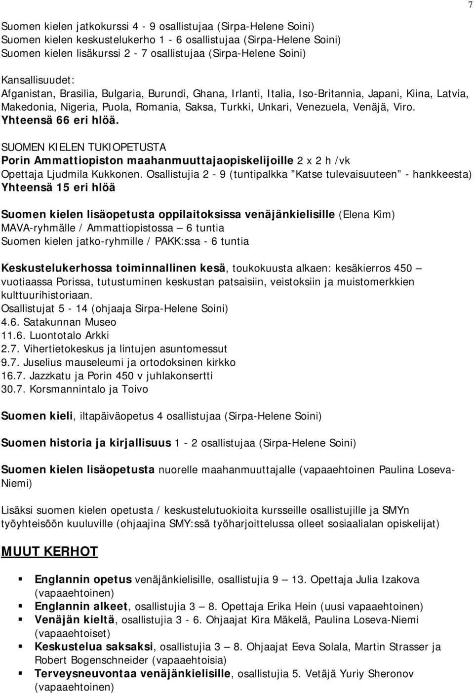 Viro. Yhteensä 66 eri hlöä. SUOMEN KIELEN TUKIOPETUSTA Porin Ammattiopiston maahanmuuttajaopiskelijoille 2 x 2 h /vk Opettaja Ljudmila Kukkonen.