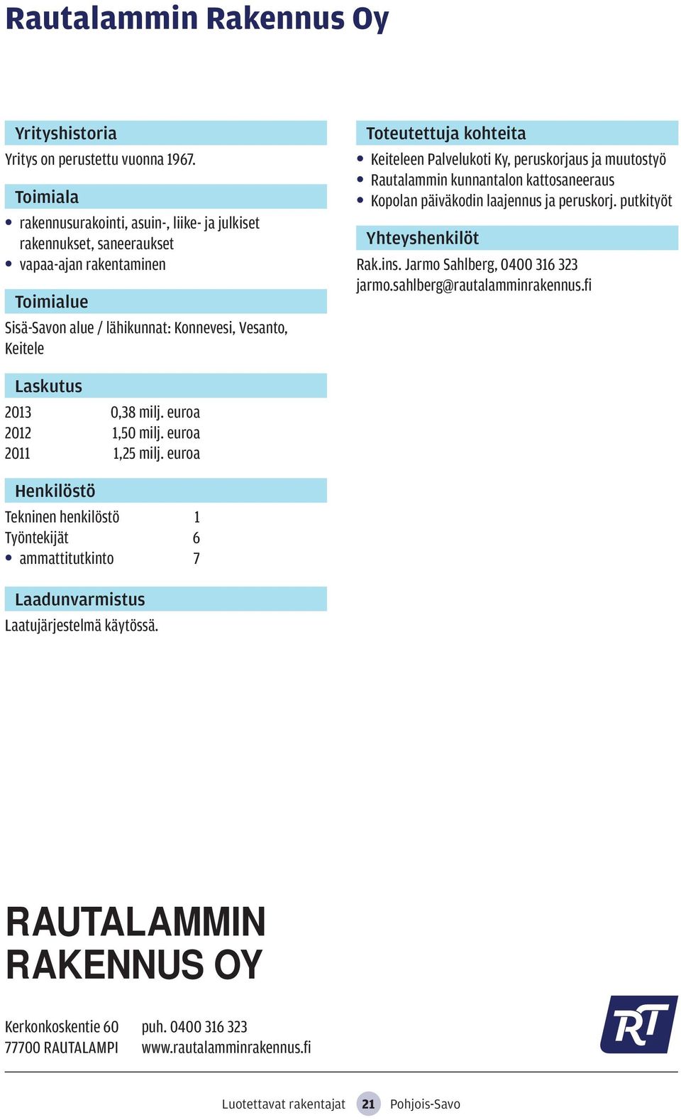 peruskorjaus ja muutostyö Rautalammin kunnantalon kattosaneeraus Kopolan päiväkodin laajennus ja peruskorj. putkityöt Rak.ins. Jarmo Sahlberg, 0400 316 323 jarmo.