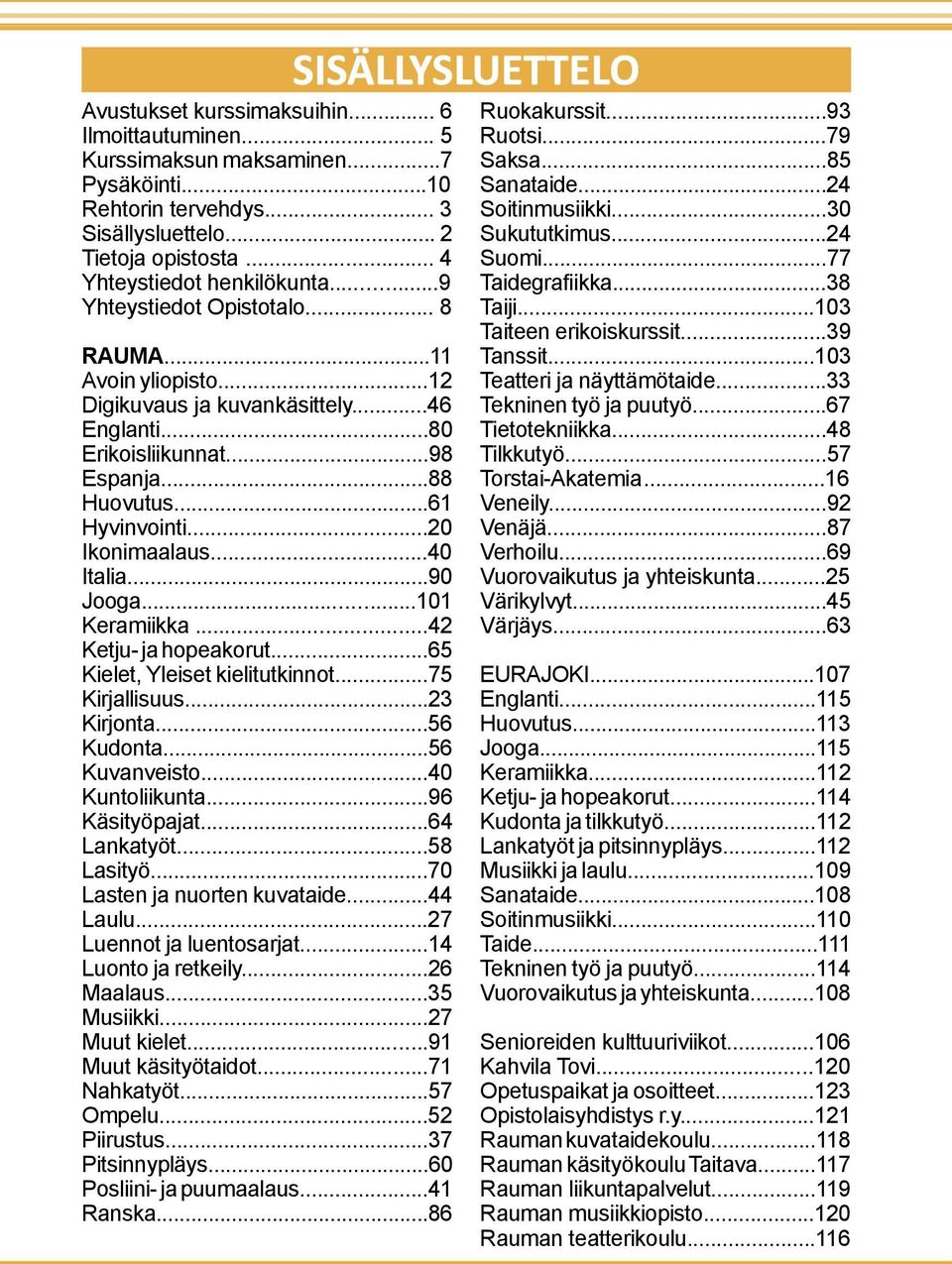 ..90 Jooga...101 Keramiikka...42 Ketju- ja hopeakorut...65 Kielet, Yleiset kielitutkinnot...75 Kirjallisuus...23 Kirjonta...56 Kudonta...56 Kuvanveisto...40 Kuntoliikunta...96 Käsityöpajat.