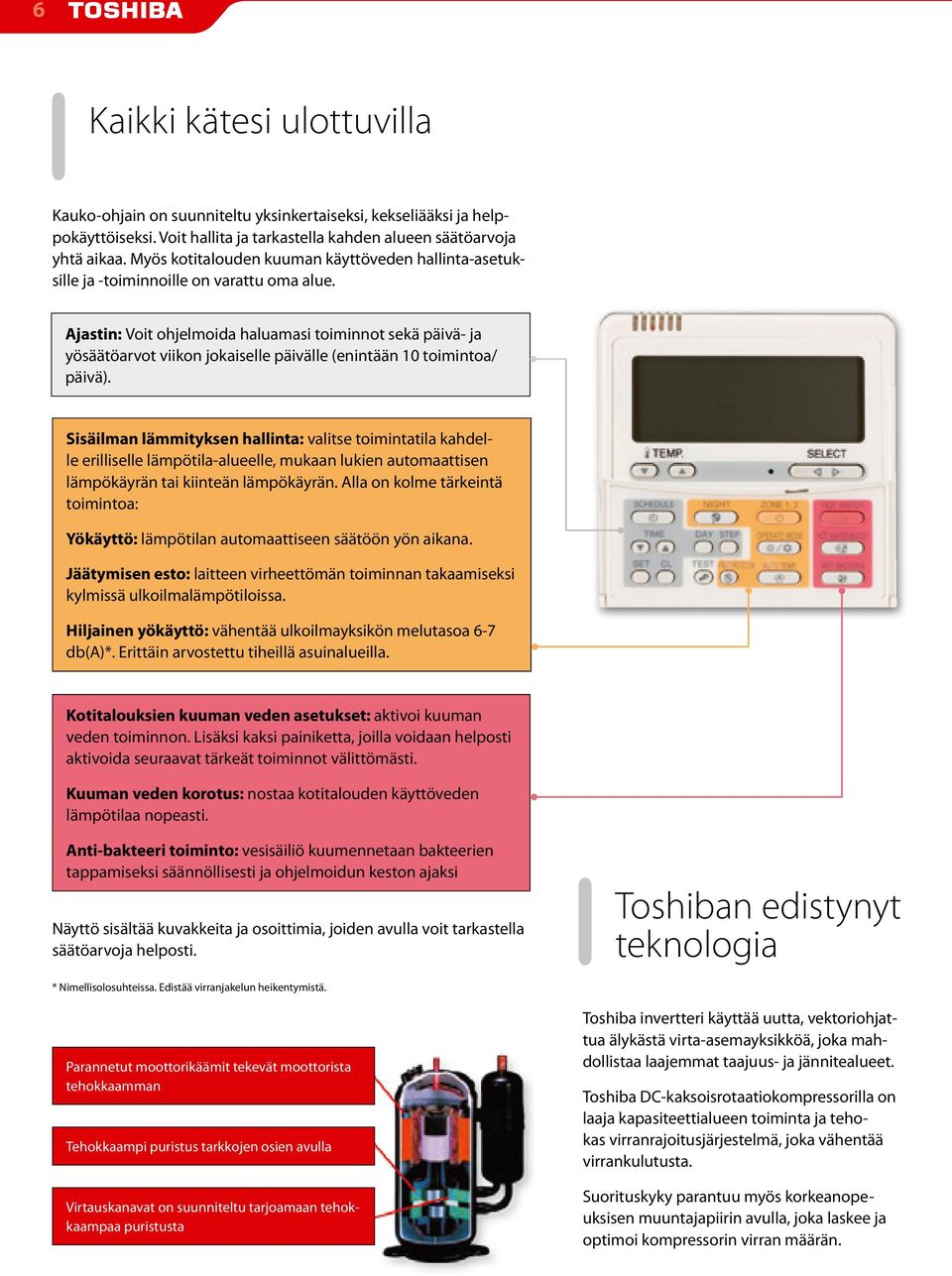 Ajastin: Voit ohjelmoida haluamasi toiminnot sekä päivä- ja yösäätöarvot viikon jokaiselle päivälle (enintään 10 toimintoa/ päivä).