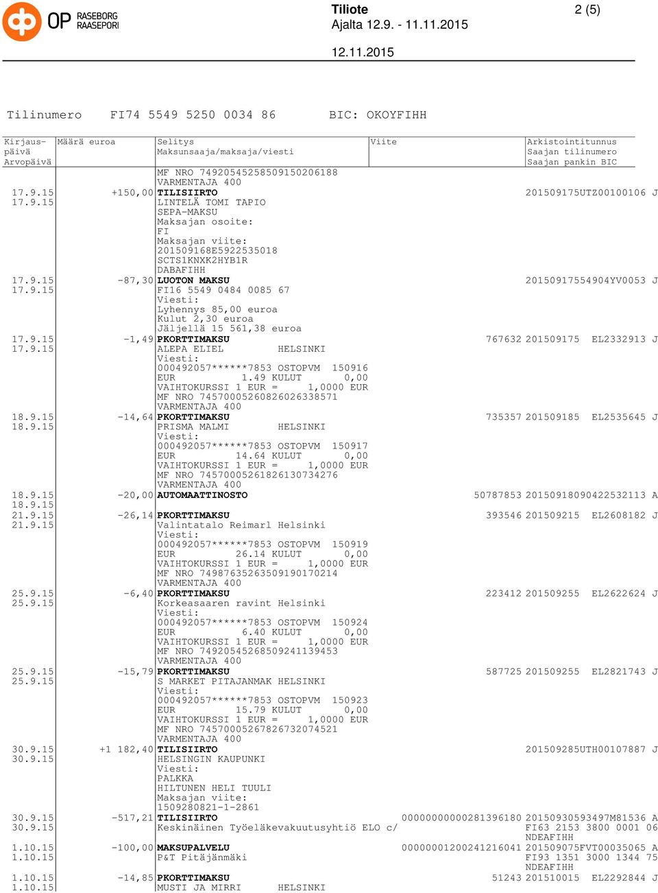 49 KULUT 0,00 MF NRO 74570005260826026338571 18.9.15-14,64 PKORTTIMAKSU 735357 201509185 EL2535645 J 18.9.15 PRISMA MALMI HELSINKI 000492057******7853 OSTOPVM 150917 EUR 14.