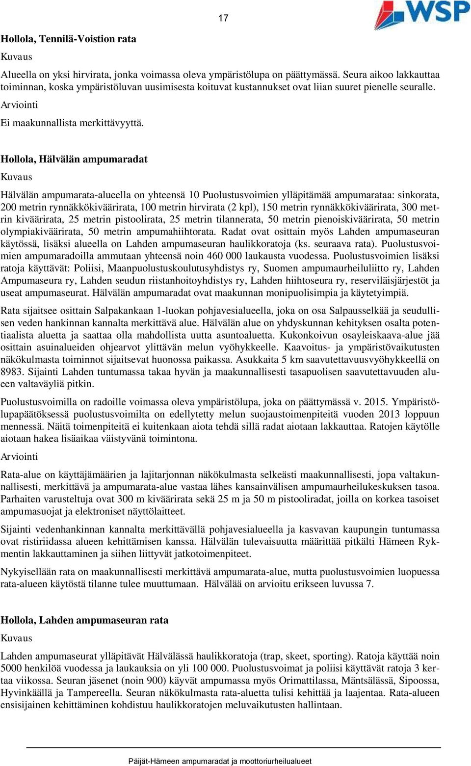 Hollola, Hälvälän ampumaradat Hälvälän ampumarata-alueella on yhteensä 10 Puolustusvoimien ylläpitämää ampumarataa: sinkorata, 200 metrin rynnäkkökiväärirata, 100 metrin hirvirata (2 kpl), 150 metrin