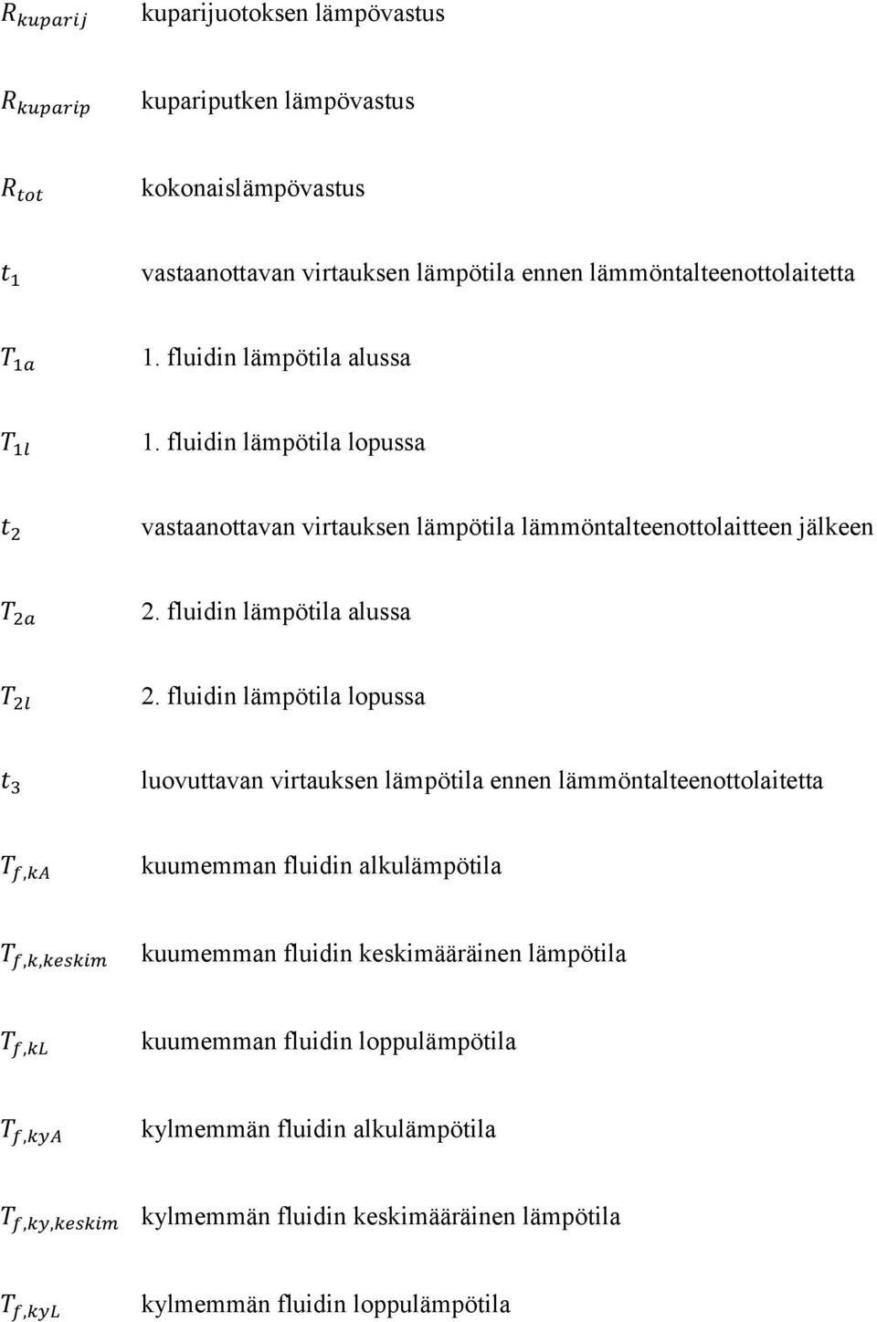 fluidin lämpötila lopussa t 3 luovuttavan virtauksen lämpötila ennen lämmöntalteenottolaitetta T f,ka kuumemman fluidin alkulämpötila T f,k,keskim kuumemman fluidin keskimääräinen