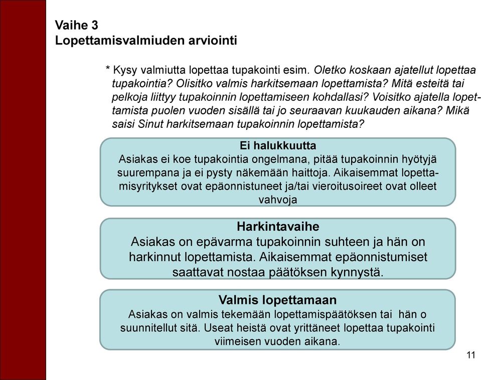 Mikä saisi Sinut harkitsemaan tupakoinnin lopettamista? Ei halukkuutta Asiakas ei koe tupakointia ongelmana, pitää tupakoinnin hyötyjä suurempana ja ei pysty näkemään haittoja.