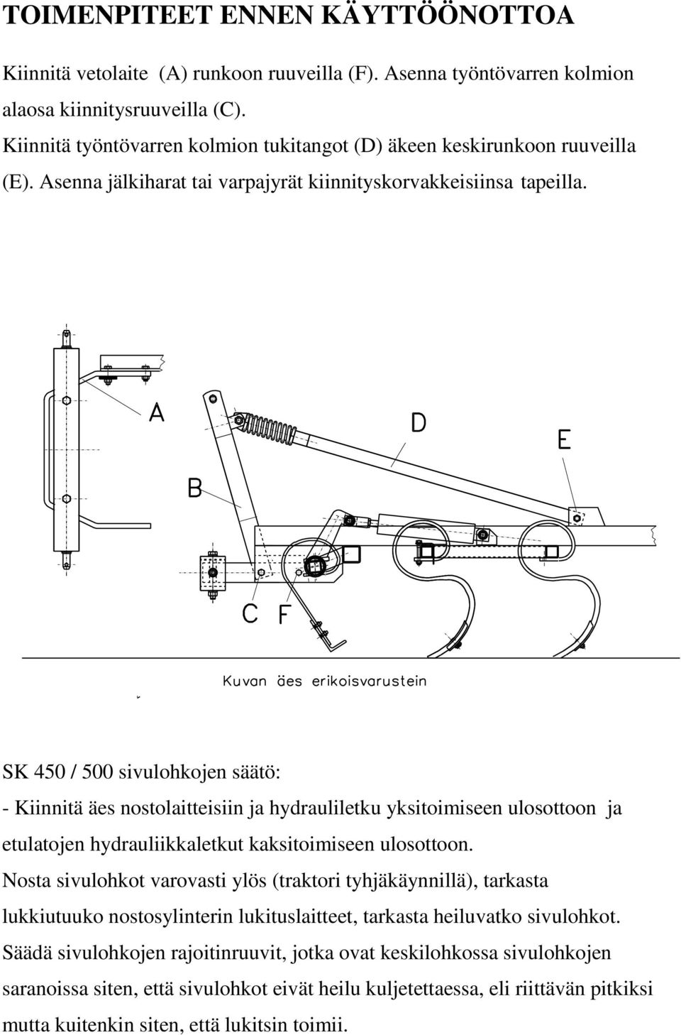 SK 450 / 500 sivulohkojen säätö: - Kiinnitä äes nostolaitteisiin ja hydrauliletku yksitoimiseen ulosottoon ja etulatojen hydrauliikkaletkut kaksitoimiseen ulosottoon.