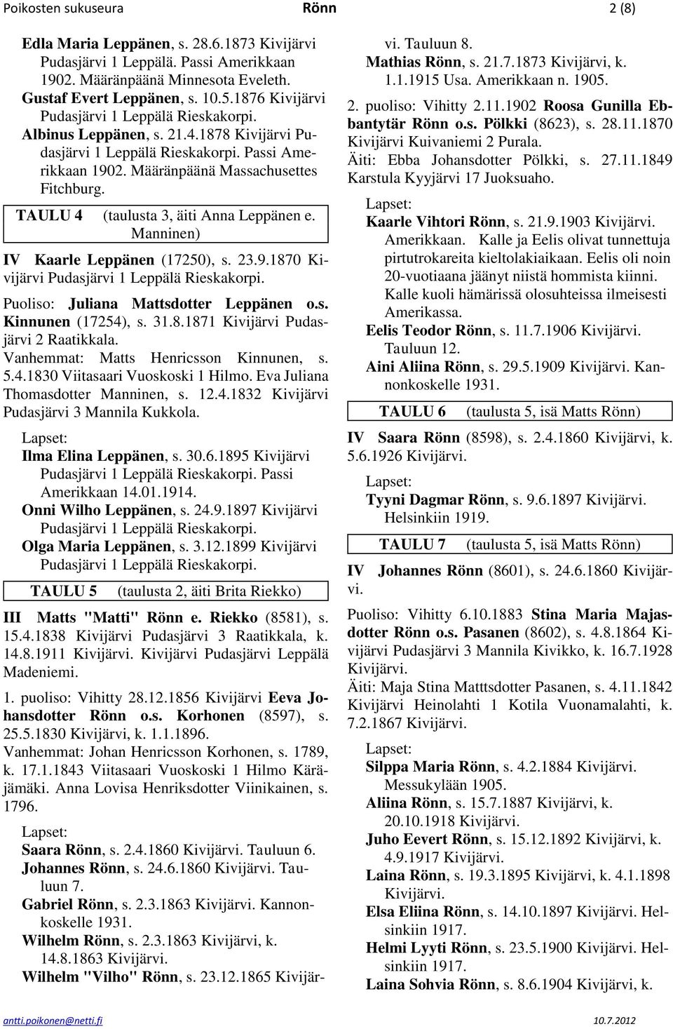 TAULU 4 (taulusta 3, äiti Anna Leppänen e. Manninen) IV Kaarle Leppänen (17250), s. 23.9.1870 Kivijärvi Pudasjärvi 1 Leppälä Rieskakorpi. Puoliso: Juliana Mattsdotter Leppänen o.s. Kinnunen (17254), s.