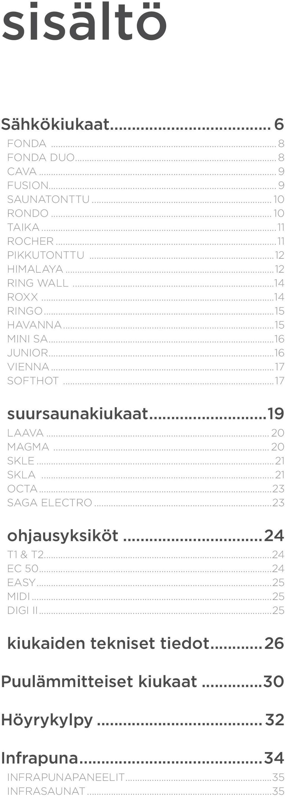 ..19 LAAVA... 20 MAGMA... 20 SKLE...21 SKLA...21 OCTA...23 SAGA ELECTRO...23 ohjausyksiköt...24 T1 & T2...24 EC 50...24 EASY...25 MIDI.