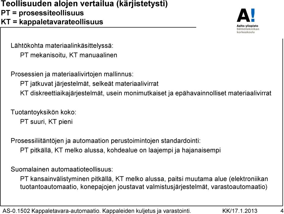 Prosessiliitäntöjen ja automaation perustoimintojen standardointi: PT pitkällä, KT melko alussa, kohdealue on laajempi ja hajanaisempi Suomalainen automaatioteollisuus: PT kansainvälistyminen