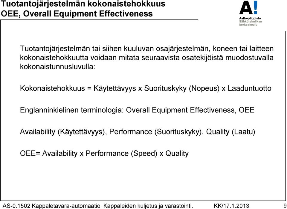 Suorituskyky (Nopeus) x Laaduntuotto Englanninkielinen terminologia: Overall Equipment Effectiveness, OEE Availability (Käytettävyys), Performance