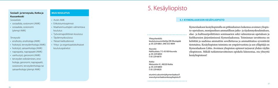 (ylempi AMK) muu koulutus Avoin AMK Erikoistumisopinnot Maahanmuuttajien valmentava koulutus Työvoimapoliittinen koulutus Täydennyskoulutus Yleiset kielitutkinnot Yritys- ja organisaatiokohtaiset