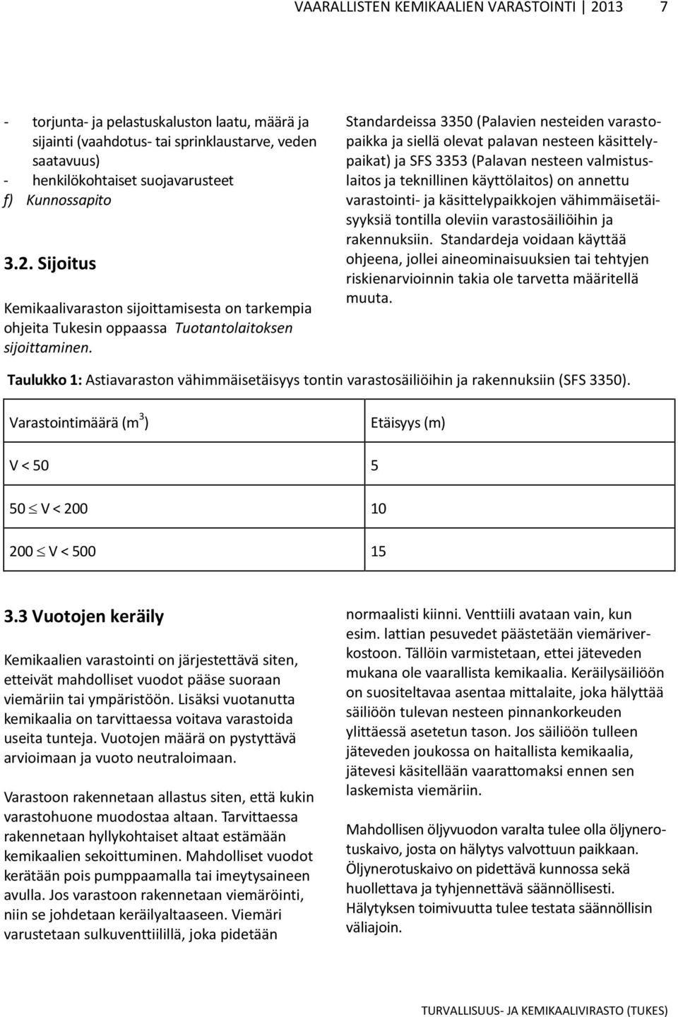 Standardeissa 335 (Palavien nesteiden varastopaikka ja siellä olevat palavan nesteen käsittelypaikat) ja SFS 3353 (Palavan nesteen valmistuslaitos ja teknillinen käyttölaitos) on annettu varastointi-