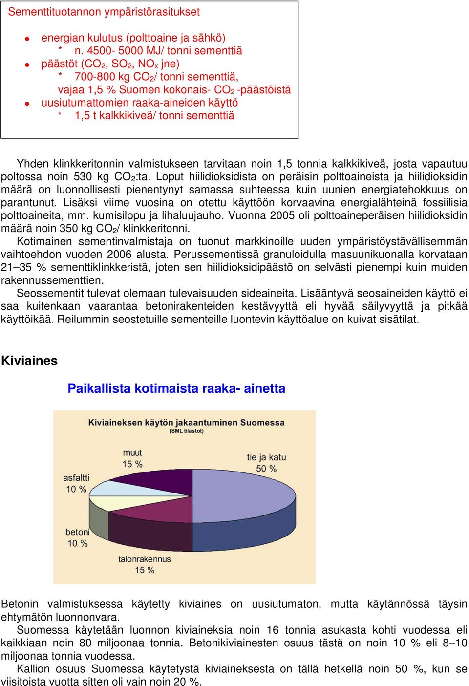 kalkkikiveä/ tonni sementtiä Yhden klinkkeritonnin valmistukseen tarvitaan noin 1,5 tonnia kalkkikiveä, josta vapautuu poltossa noin 530 kg CO 2 :ta.