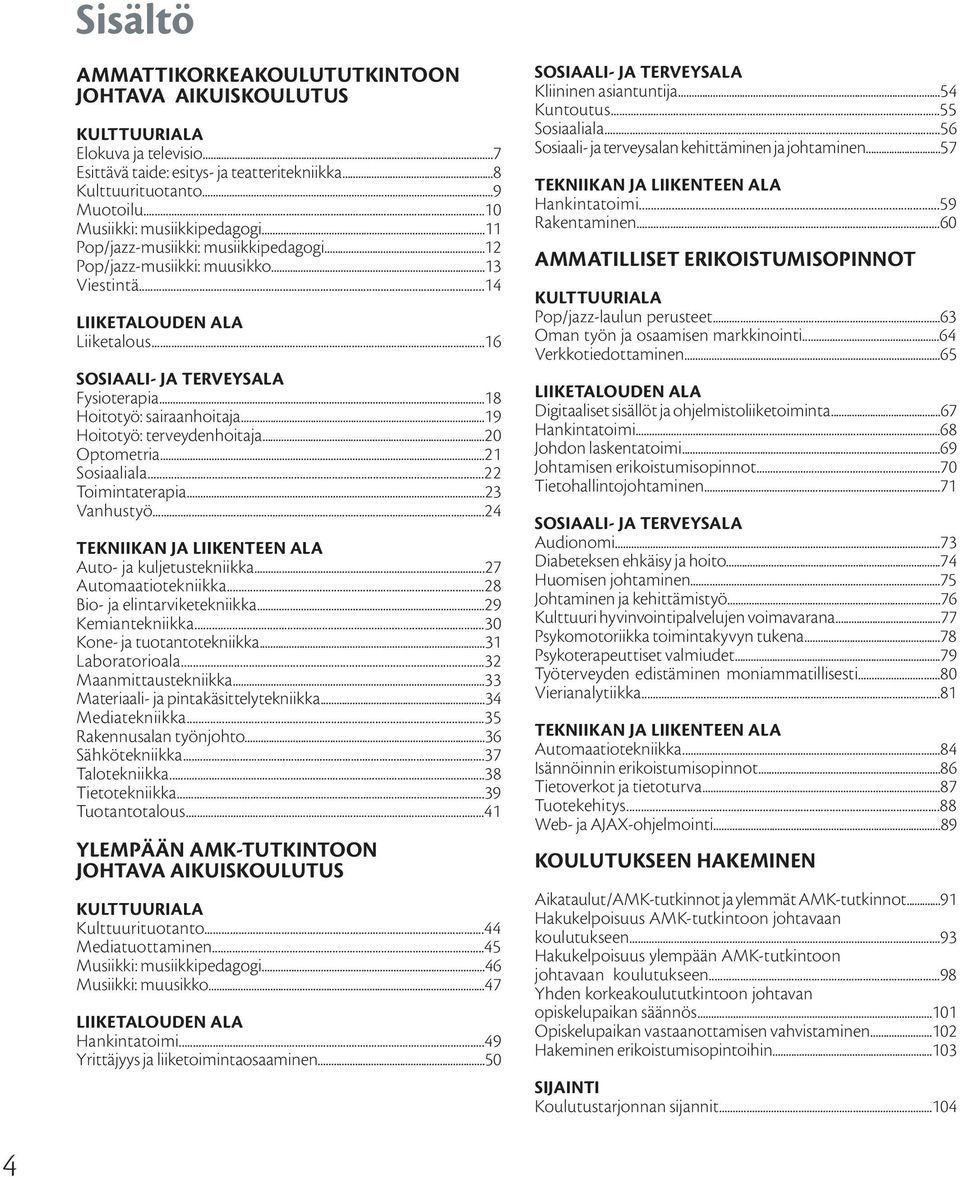 ..18 Hoitotyö: sairaanhoitaja...19 Hoitotyö: terveydenhoitaja...20 Optometria...21 Sosiaaliala...22 Toimintaterapia...23 Vanhustyö...24 TEKNIIKAN JA LIIKENTEEN ALA Auto- ja kuljetustekniikka.