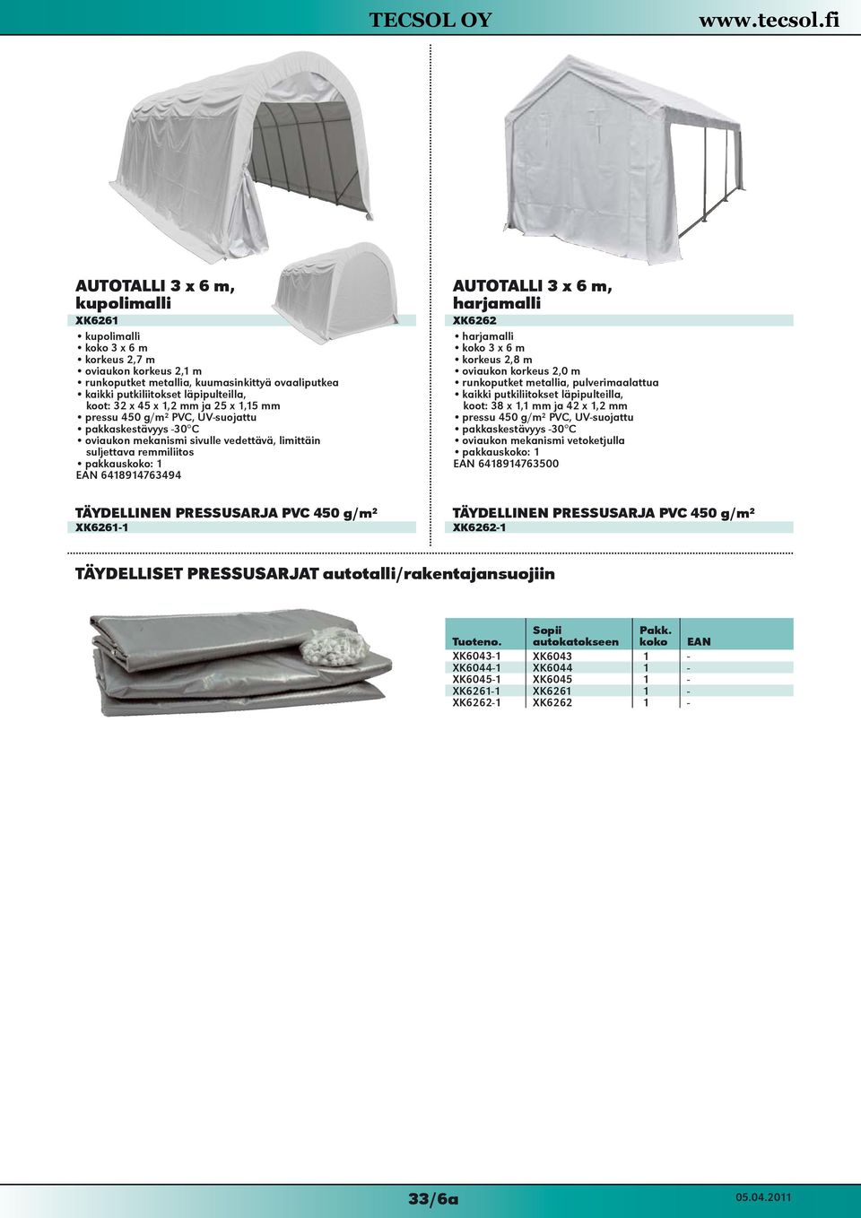 450 g/m² XK6261-1 AUTOTALLI 3 x 6 m, harjamalli XK6262 harjamalli koko 3 x 6 m korkeus 2,8 m oviaukon korkeus 2,0 m runkoputket metallia, pulverimaalattua kaikki putkiliitokset läpipulteilla, koot: