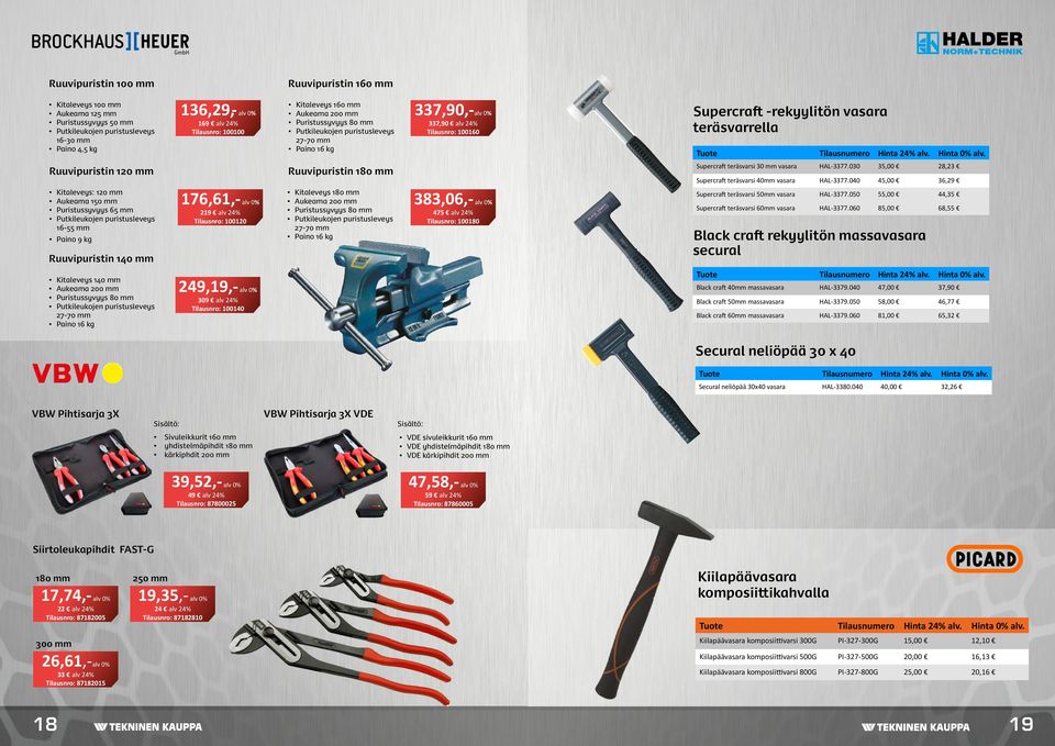 Hinta 24% alv. Hinta 0% alv. Ruuvipuristin 120 mm Ruuvipuristin 180 mm Supercraft teräsvarsi 30 mm vasara HAL-3377.030 35,00 28,23 Supercraft teräsvarsi 40mm vasara HAL-3377.